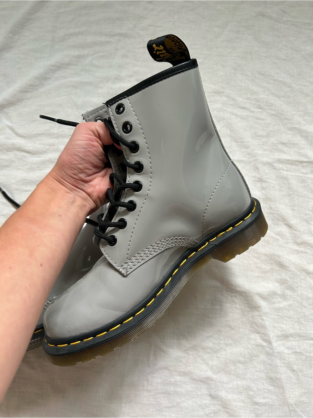 Dr. Martens Women's Glossy Light Gray Lace-Up Combat Boots - Picture 3 of 6